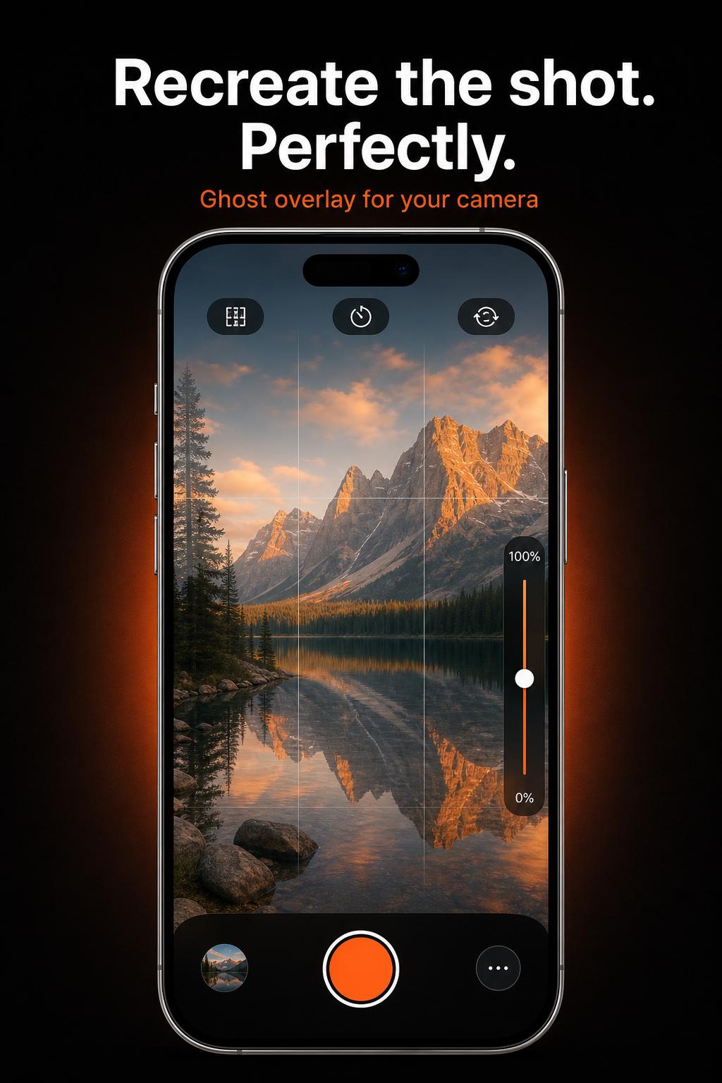 GhostFrame camera view with translucent reference overlay on a mountain lake scene