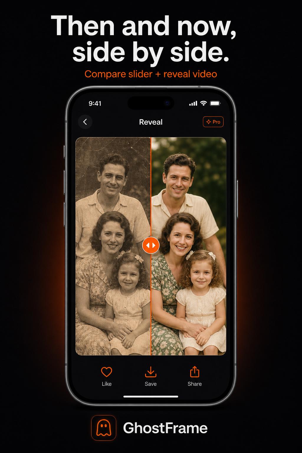 GhostFrame reveal screen showing a before-and-after compare slider between an old photo and its recreation